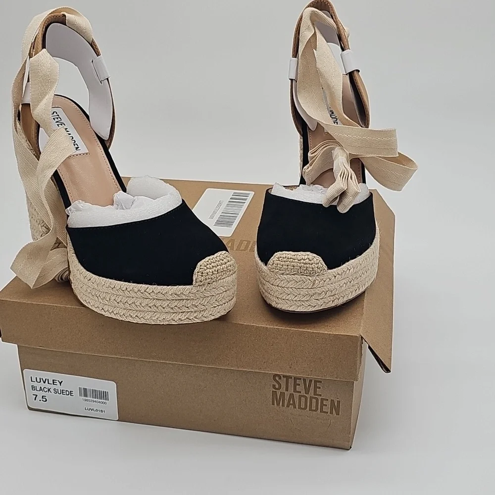 Steve Madden LUVLEY Black Suede Espadrille Platform Ankle-Tie Heels - Picture 7 of 8